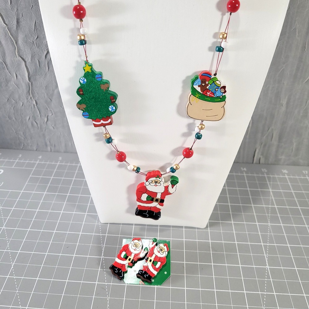 Christmas Necklace Earrings Set Red Santa Claus Beaded Wood Handmade